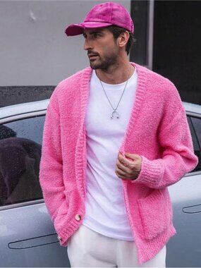 Men's Pink Knit Cardigan Sweater Jacket